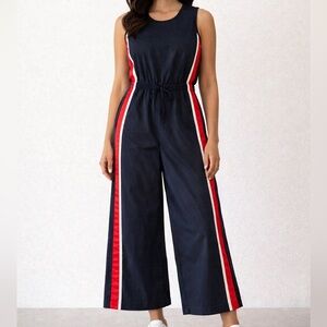 MO&Co. Navy and Red wide leg cropped jumpsuit